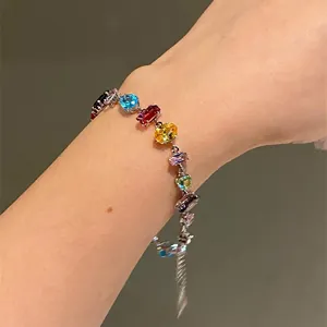 Elegant multi-color cubic zirconia bracelet featuring mixed-cut stones on silver chain