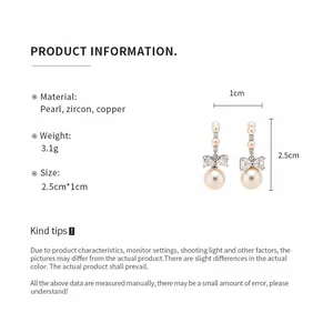 Detailed specifications of bow-knot pearl earrings including material and dimensions.
