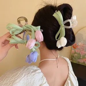 Handmade Korean Sweet Tulip Flower Bow Hair Claw Acrylic Mesh Fabric Hair Clips Floral Headwear For Women Daily Dating Accessories