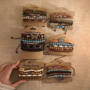 Bohemian beaded bracelets set with wood beads and turquoise on kraft cards