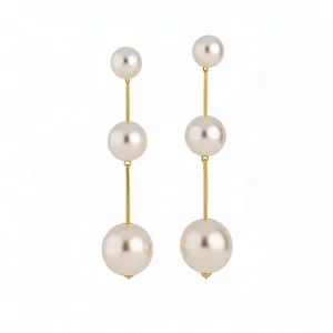 Elegant graduated triple pearl drop earrings with gold-plated chains and silver needles