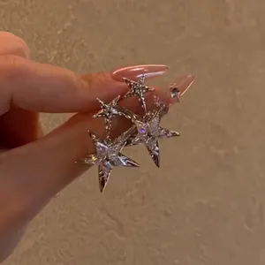 Detailed close-up showing silver star-shaped stud earrings with sparkling zircon stones