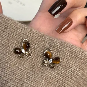 Vintage Butterfly Faux Tiger Eye Stone Zirconia Stud Earrings Gold Plated Geometric Animal Earrings For Women High End Jewelry