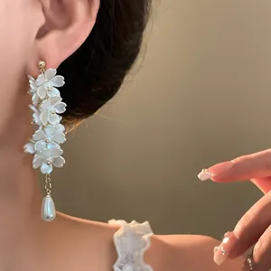 Elegant French style white flower cluster drop earrings with dangling teardrop pearl