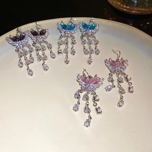 Orecchini a Goccia in Rame e Zirconia a Forma di Farfalla Con Perno in Argento Sterling 925 Orecchini Pendenti con Nappine per Donna