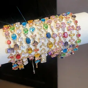 Luxurious sparkling rainbow zircon bracelets featuring heart and geometric charms