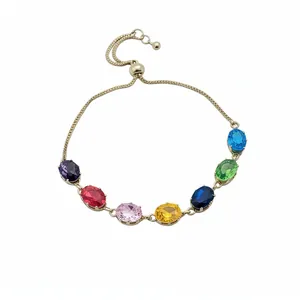 Elegant gold adjustable pull-chain bracelet with seven multi-color oval zircon stones