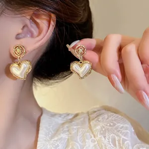 Vintage Baroque Gold Wrinkled Flower Heart Artificial Pearl Drop Earrings With 925 Sterling Silver Post For Women Jewelry