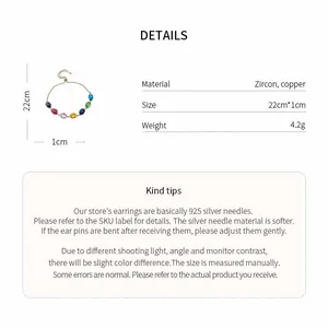 Product specifications for the colorful zircon bracelet including material and size details.
