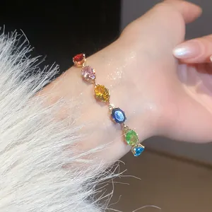 Close-up of a sparkling colorful zircon bracelet worn on a wrist with white fur detail