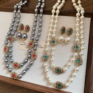 Vintage Alloy Artificial Pearl Rhinestone Jewelry Set Elegant Gold Plated Necklace Earrings For Women Jewelry
