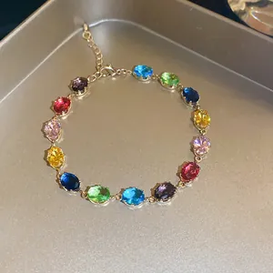 Detail view of a gold-tone bracelet featuring vibrant multi-colored oval zircons.