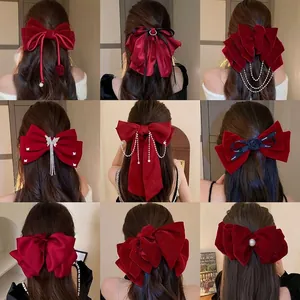 Sweet Red Velvet Bow Knot Hair Clip With Artificial Pearl Rhinestone Tassel Floral Spring Clip Vintage Hair Accessory For Women Party