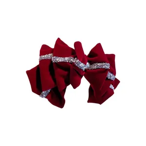 Elegant red velvet multi-layered bow hair clip with pearls and rhinestone accents