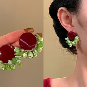 Vintage Shell Round Stud Earrings With 925 Sterling Silver Earring Post Red Green Contrast Color Drop Earring Women Jewelry