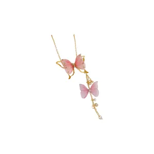Elegante Tüll-Schmetterling-Halskette mit Strasssteinen und Perlen an Goldkette
