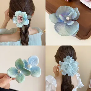 Silver Orchid Flower Hair Claw Clip With Artificial Pearl Gradient Blue Green Romantic Hair Accessory For Women
