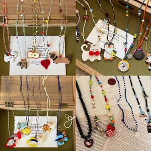 Cute Cartoon Animal Puppy Heart Pendant Necklace Handmade Wax Rope Colorful Beaded Chain Fashion Sweet Jewelry For Women Girls Gift