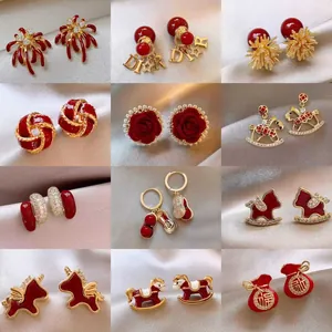 Orecchini in Stile Nuovo Cinese con Smalto Rosso e Strass in Lega Placcata Oro con Perno in Argento Sterling 925 per Donna