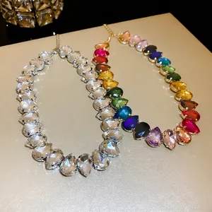 Korean Fashion Colorful Rhinestone Waterdrop Choker Necklace For Women Sweet Cool Style Copper Jewelry Neck Chain