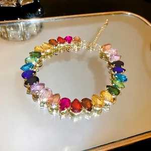 Elegant colorful waterdrop crystal necklace with vibrant rhinestones and gold-tone finish
