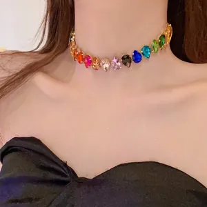 Rainbow crystal teardrop choker necklace featuring vibrant multi-colored stones for women