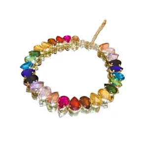 Vibrant colorful water-drop crystal necklace featuring sparkling rhinestones in gold tone