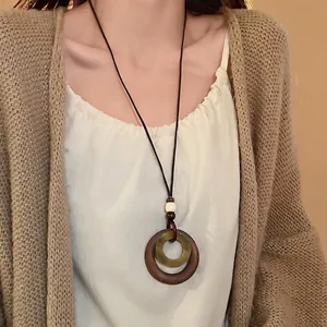 Vintage faux wood geometric double circle pendant long necklace for women