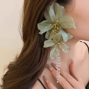 Elegant Alloy Artificial Crystal Flower Tassel Drop Earrings For Women Mesh Fabric Long Dangle Silver Earring Post Jewelry
