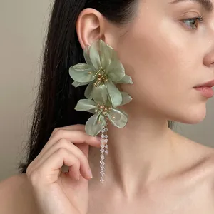 Exaggerated long green mesh flower earrings with elegant crystal tassels for women