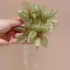 Handmade elegant green mesh flower earrings with long crystal tassels and silver needles