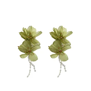 Elegant green mesh flower drop earrings with crystal tassels on S925 silver needles