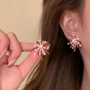 Elegant red firework pearl stud earrings with zircons and s925 silver needles