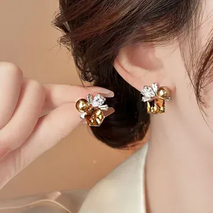 Square Amber Crystal Artificial Pearl Stud Earrings With 925 Sterling Silver Earring Post Rhinestone Inlaid Fashion Jewelry For Women