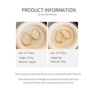 Detail view of gold-plated U-shaped hoop earrings with dimensions and material specs