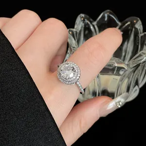 Detailopname van elegante zilveren ronde haloring met schitterende zirkonia