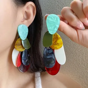 European Retro Acrylic Marble Dyed Round Dangle Earrings For Women With 925 Sterling Silver Post Exaggerated Geometric Jewelry