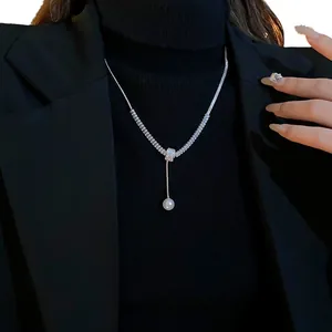 Elegant pearl zircon necklace with silver clavicle chain for wedding and formal wear