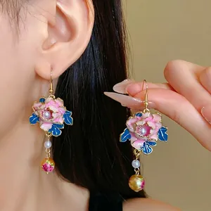 French Retro Enamel Flower Drop Earrings For Women Elegant Drip Oil Floral Artificial Pearl Alloy Sweet Dangle Earrings