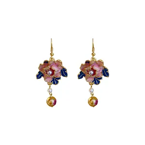 French vintage flower dangle earrings featuring pink enamel petals and white faux pearls