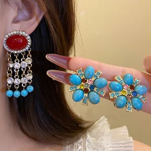 Vintage Lussuosi Orecchini a Bottone in Lega con Fiori e Strass con Perno in Argento Sterling 925 Oro Multicolore Intarsiato Orecchini Pendenti con Nappe per Gioielli Donna