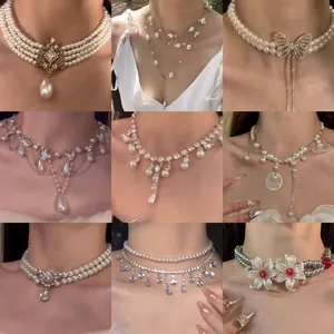 French Light Luxury Rhinestone Water Drop Pendant Artificial Pearl Necklace For Women Alloy Clavicle Chain Jewelry