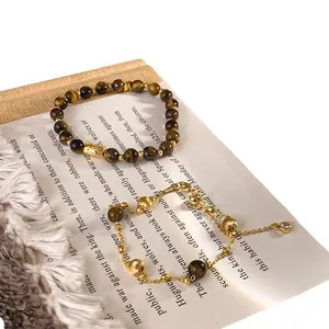 Gold plated tiger eye bead and pearl bracelet set for women, Maillard style jewelry.