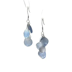 Fresh gradient blue shell petal dangle earrings with silver circular charms for women