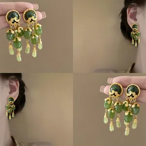 Vintage Green Rhinestone Tassel Earrings 925 Sterling Silver Earring Post Alloy Gold Plated Elegant Dangle Jewelry Women
