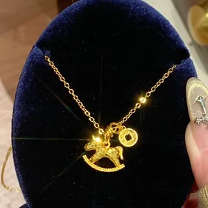 Rocking Horse Necklace And Earrings Gold Plated Copper Coin Charm Clavicle Chain With Silver Earring Post For Women