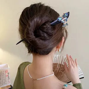 Elegant vintage Chinese butterfly wooden hair stick with blue tassels for Hanfu