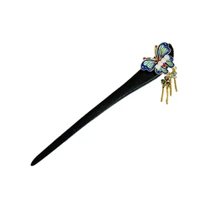 Vintage Chinese style wooden butterfly hairpin with golden tassels for Hanfu accessories