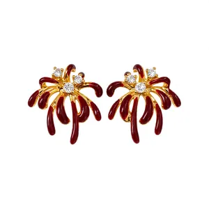 18k gold plated firework stud earrings with red enamel and sparkling zircons