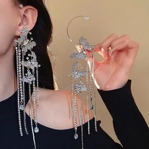 Zirconia Inlaid Butterfly Tassel Ear Wrap For Women Copper Silver Earring Post Elegant Long Chain Dangle Earrings Banquet Party Fashion Jewelry